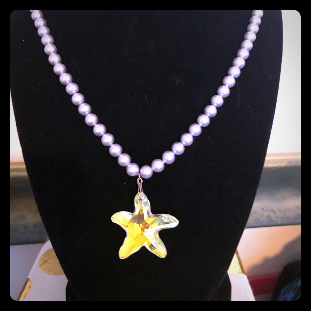 Lavender real Pearls and crystal starfish necklace